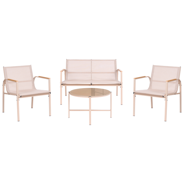 Garten-Lounge-Set bestehend aus einem Zweisitzer-Sofa, zwei Sesseln mit Armlehnen und einem runden Tisch mit Glasplatte.
