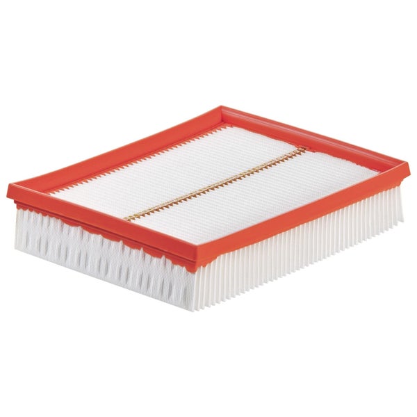 Flachfaltenfilter für Staubsauger mit Kunststoffrahmen und gefaltetem Filtermaterial.