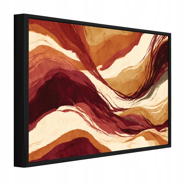 Wandbild mit abstraktem Wellenmuster in einem schwarzen Rahmen.