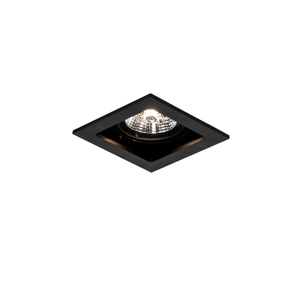 Quadratischer Einbaustrahler in Schwarz mit eingeschaltetem Leuchtmittel.
