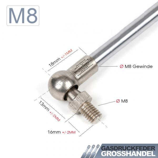 Metallisches M8 Winkelgelenk für Gasdruckfedern mit Abmessungen von 18, 13 und 16 Millimetern, M8 Gewinde und Gasdruckfeder Grosshandel Logo.