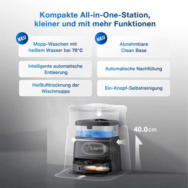 Kompakte All-in-One Station mit Mopp-Waschen, intelligenter Entleerung, Heißlufttrocknung und automatischer Nachfüllung