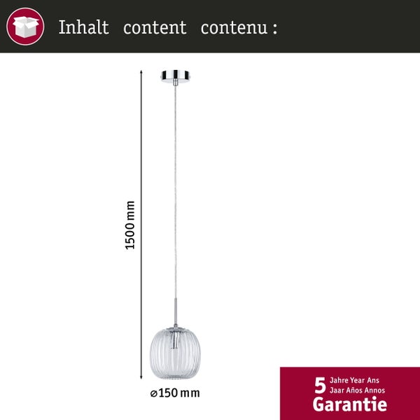 Pendelleuchte aus geriffeltem Glas, Höhe 1500 Millimeter, Durchmesser 150 Millimeter, mit 5 Jahren Garantie.