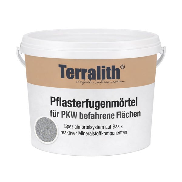 Terralith Pflasterfugenmörtel im weißen Eimer für von Personenkraftwagen befahrene Flächen, Spezialmörtelsystem auf Mineralstoffbasis.