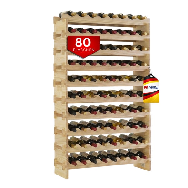 Großes Weinregal aus Holz für bis zu 80 Flaschen.