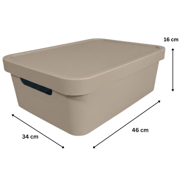 Aufbewahrungsbox mit Deckel, Abmessungen 46 Zentimeter mal 34 Zentimeter mal 16 Zentimeter.