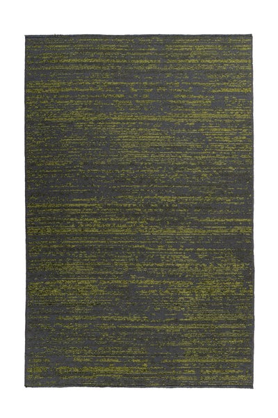 Moderner rechteckiger Teppich mit meliertem, horizontalem Muster in Anthrazit und Grün.