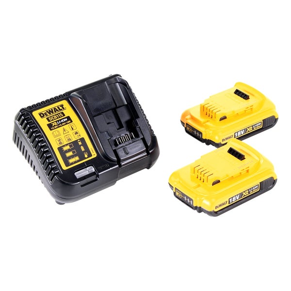 DeWalt Akku-Starter-Set mit Ladegerät DCB115 und zwei 18 Volt XR Lithium-Ionen-Akkus mit 2,0 Amperestunden.