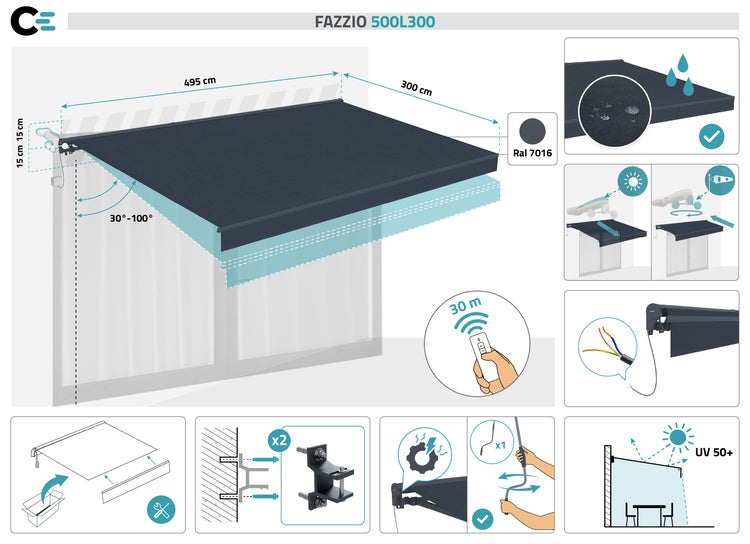 Markise Fazzio 500L300, 495 mal 300 Zentimeter, RAL 7016, Neigung 30 bis 100 Grad, wasserabweisend, UV-Schutz 50 plus, Fernbedienung, Sensoren.