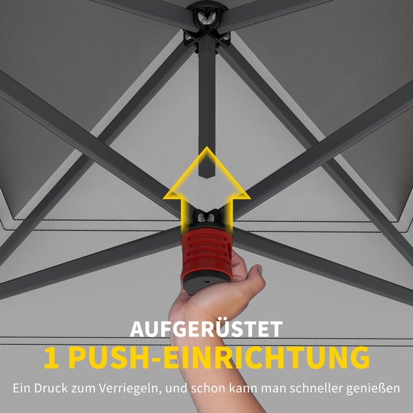Nahaufnahme eines Pavillon-Gestänges mit zentralem Push-Mechanismus zum einfachen Verriegeln per Hand für einen schnellen Aufbau.