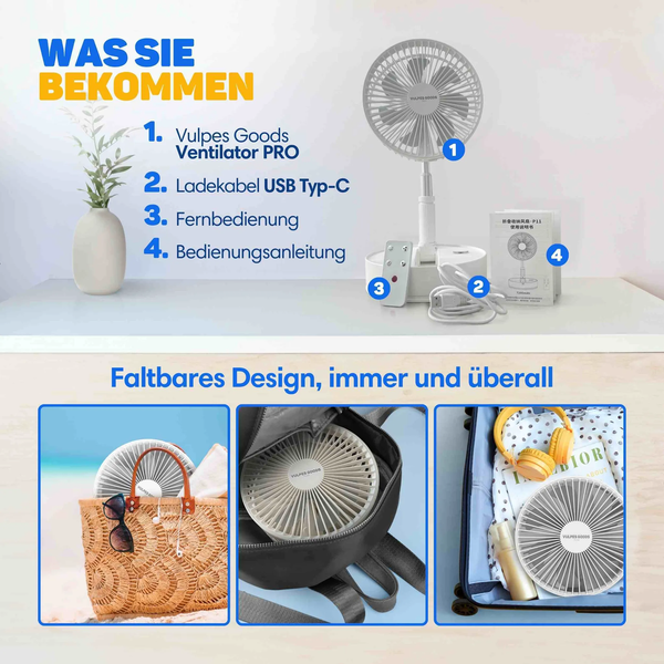 Lieferumfang Vulpes Goods Ventilator Pro mit USB Kabel, Fernbedienung und Anleitung, sowie Darstellungen des faltbaren Designs in einer Tasche.
