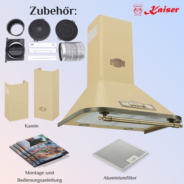 Kaiser Wandhaube im Empire-Stil mit Zubehör bestehend aus Aktivkohlefiltern, Abluftschlauch, Kaminblenden, Aluminiumfilter und Anleitung. Kaiser Logo.