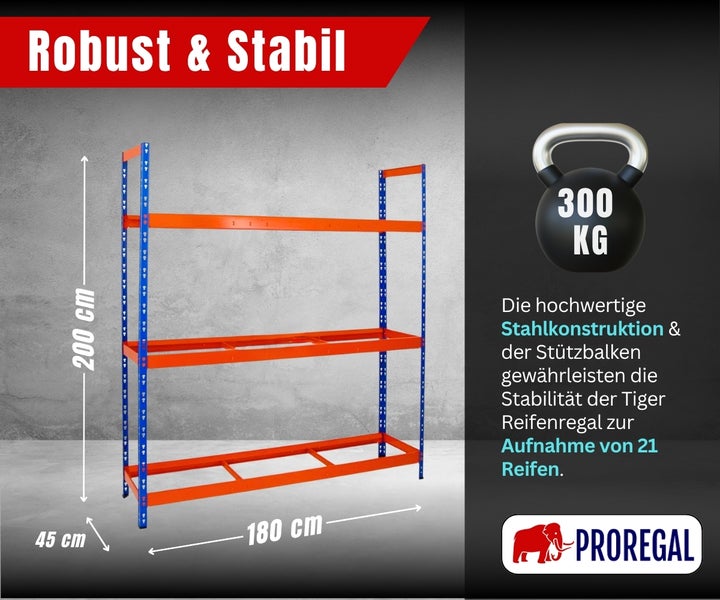 Tiger Reifenregal von PROREGAL aus Stahl, Maße 200 mal 180 mal 45 Zentimeter, Traglast 300 Kilogramm, Kapazität für 21 Reifen.