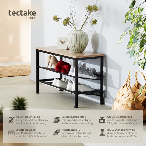 Schuhregal im Industriedesign mit zwei Ablagen und einer Tischplatte mit Holzoptik von tectake