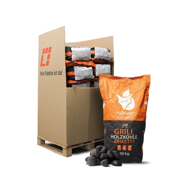 Eine Holzpalette mit einer großen Kartonverpackung voll mit Heizfuxx Grillholzkohlebriketts und ein einzelner 10 Kilogramm Sack davor.