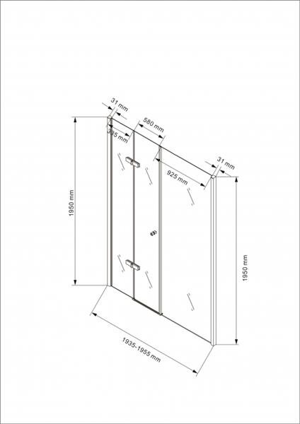 Technische Zeichnung einer Duschkabine mit Maßangaben