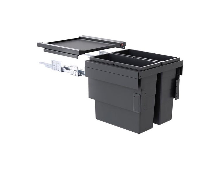 Ausziehbares Mülltrennsystem mit zwei anthrazitfarbenen Abfalleimern und stabiler Metallauszugschiene für den Küchenunterschrank.
