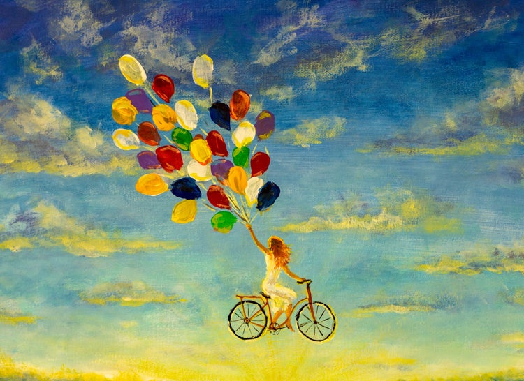 Leinwandbild mit Acrylmalerei einer Frau auf einem Fahrrad mit vielen bunten Luftballons vor einem blauen Wolkenhimmel.
