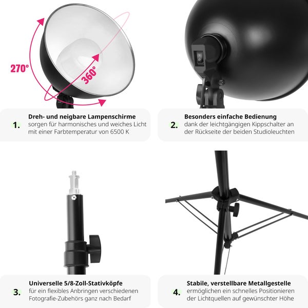 Produktvorteile der Studioleuchte: dreh- und neigbare Schirme, Kippschalter, universeller 5/8-Zoll-Stativkopf und verstellbares Metallstativ.