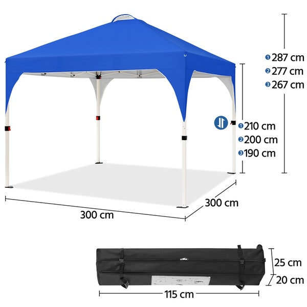 Blauer Pavillon mit Maßangaben und Tragetasche