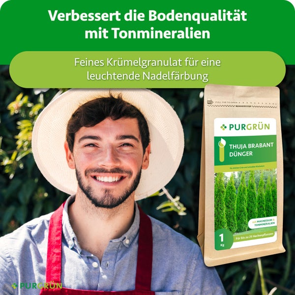 Ein Mann mit Hut und Schürze neben einer Packung Purgrün Thuja Brabant Dünger mit Magnesium und Tonmineralien für Heckenpflanzen.