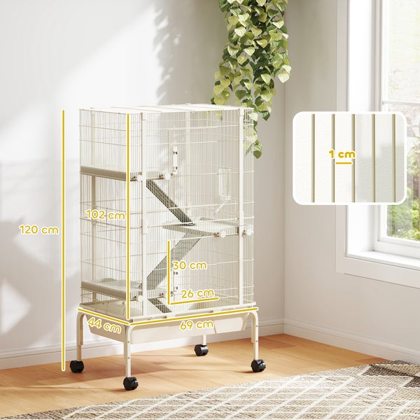 PawHut Kleintierkäfig, Nagerkäfig Frettchenkäfig mit 3 Rampen Mäusekäfig mit ausziehbarem Tablett, Futterschale, Wasserflasche, Käfig mit Zubehör für Chinchilla, Eichhörnchen, Zwerghamster Beige