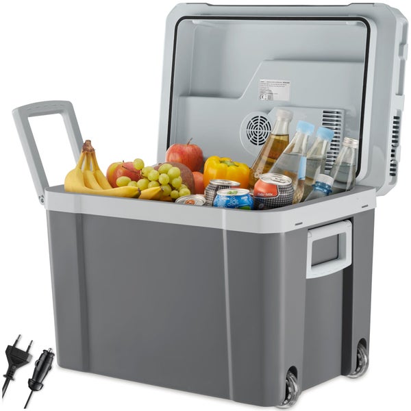 Elektrische Kühlbox mit Rollen und ausziehbarem Griff, gefüllt mit Getränken und Obst, inklusive Netzstecker und 12 Volt Auto-Anschluss.