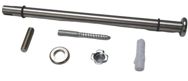 Wandbefestigungsset für Regalbretter inklusive Regalbolzen, Stockschraube, Dübel, Unterlegscheibe und Mutter aus Metall