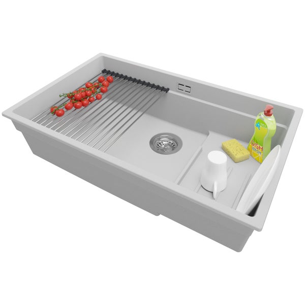 PRIMAGRAN Spülbecken Grau 76x47cm, Granitspüle 1 Becken + Ablauf-Set + Aufrollbare Abtropffläche, Küchenspüle ab 80er Unterschrank - Praga Slim
