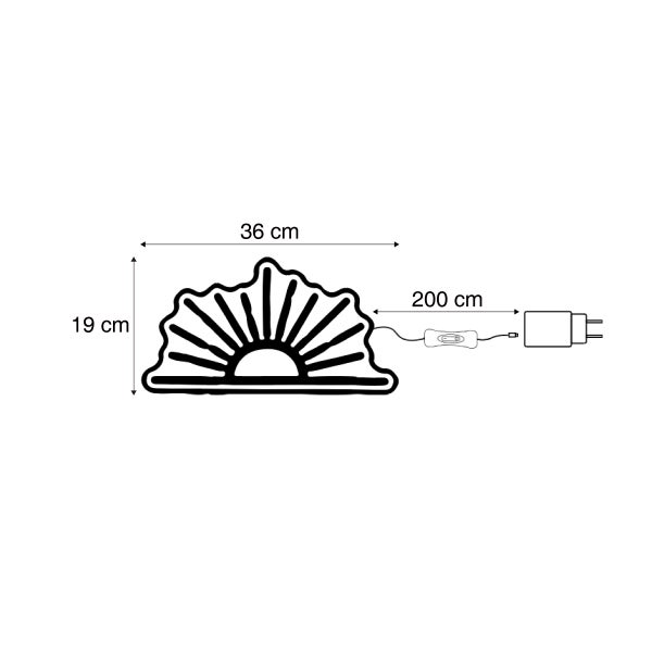 Strichzeichnung einer dekorativen LED Leuchte in Sonnenform mit Abmessungen 36 mal 19 Zentimeter und 200 Zentimeter langem Kabel mit Netzstecker