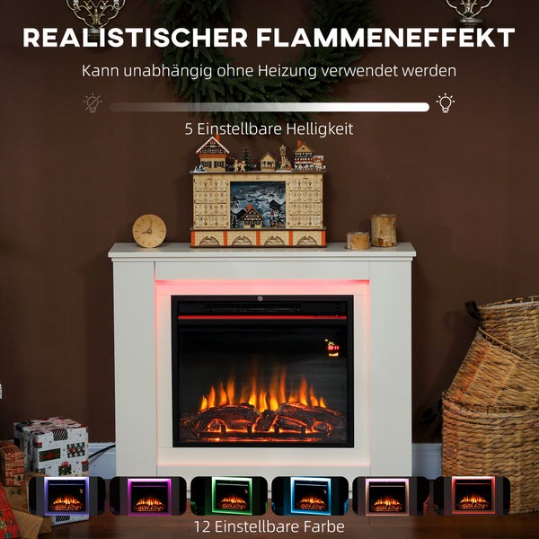 Elektrischer Kamin mit weißer Kaminkonsole, realistischem Flammeneffekt und 12 einstellbaren Farben für die LED-Hintergrundbeleuchtung.