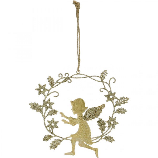 Goldener Engel im Stern-Blätter-Kranz mit Aufhänger als Weihnachtsdekoration