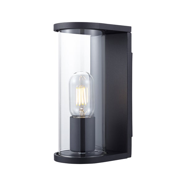 Moderne Außenwandleuchte in Schwarz mit transparentem Glaszylinder und sichtbarem LED-Leuchtmittel.