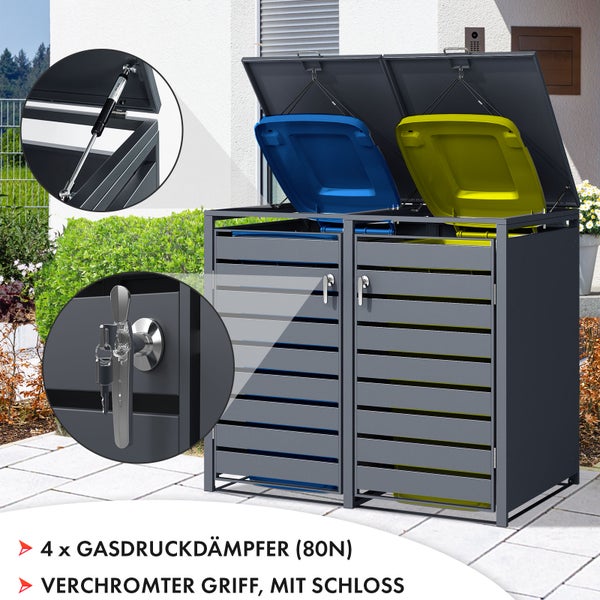 FLOORDIREKT Mülltonnenbox Magnus mit Edelstahlrahmen 132 x 80 x 116 cm - 2 Türen