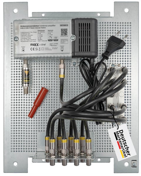 8 Teilnehmer Set mit Antennenverstärker für Kabelfernsehen 33 dB Verstärkung & Rückkanal, Kabel Verteiler, Überspannungsschutz, F-Verbindungskabel vormontiert auf Lochblech Montageplatte