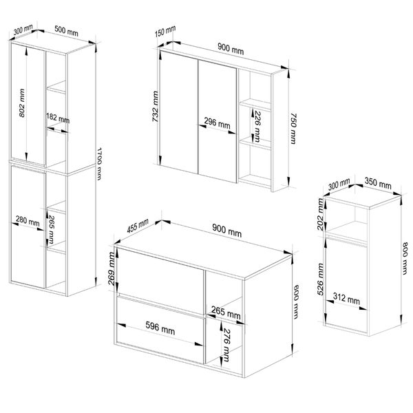 Technische Zeichnung eines Schranksystems mit Maßangaben für den Möbelaufbau