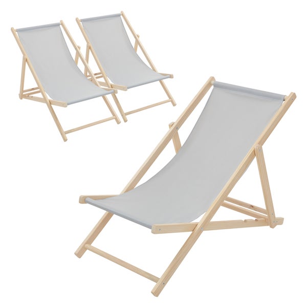 Dreier-Set klappbare Liegestühle aus Holz mit grauem Stoff für Garten und Balkon.