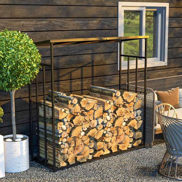 Outsunny Kaminholzregal, mit Dach, für Brennholz, Balkon, Garten, Metall, 185 x 67 x 185 cm, Schwarz