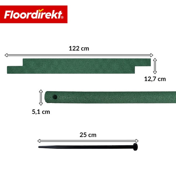 Floordirekt Logo. Abmessungen eines Rasenkanten-Elements: 122 cm lang, 12,7 cm hoch. Durchmesser eines Rasenkanten-Rollelements: 5,1 cm. Erdspieß ist 25 cm lang.