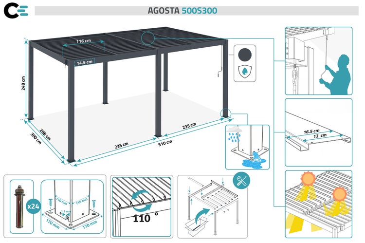 Agosta 500S300 Pavillon mit Maßangaben und Produktdetails