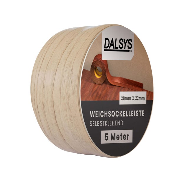 Selbstklebende Dalsys Weichsockelleiste in Eichenoptik, 5 Meter Rolle, 28 mal 22 Millimeter.