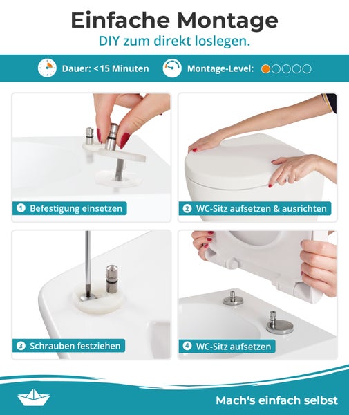 Schritt für Schritt Anleitung zur Montage eines WC Sitzes mit Befestigungsmaterial und Schraubendreher für eine einfache Installation.