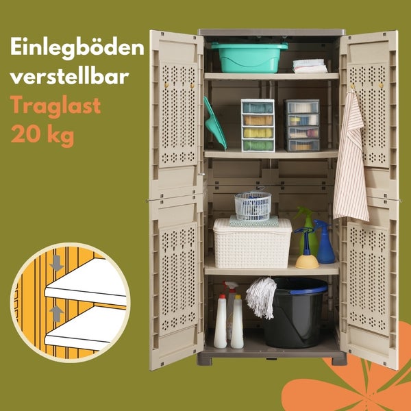 Offener Kunststoff Allzweckschrank mit verstellbaren Einlegeböden und Reinigungsutensilien