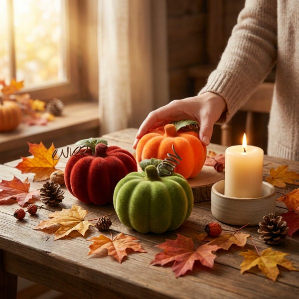 Herbstliche Tischdekoration mit beflockten Zierkürbissen, Ahornblättern und einer Stumpenkerze auf einem rustikalen Holztisch.