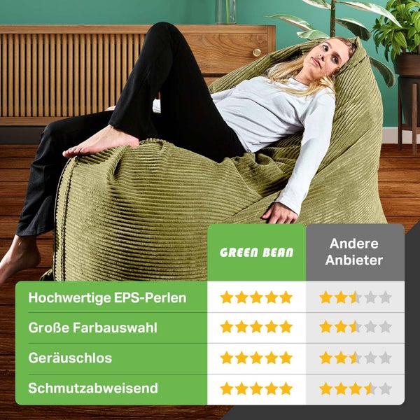 Green Bean XXL Sitzsack aus Cordstoff 370 Liter EPS-Perlen Füllung - Kuschelig Weich Robust & Waschbarem-Stoff Bodenkissen Liegekissen Sitzkissen - Grün