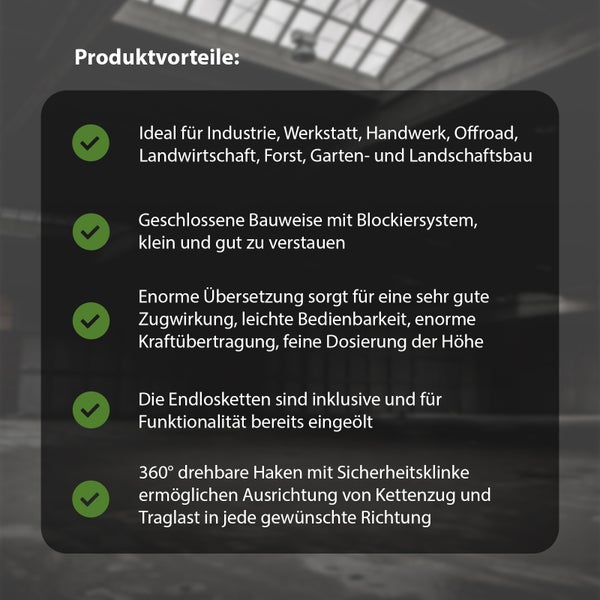 Infografik mit Produktvorteilen eines Kettenzugs wie Einsatzgebiete, Bauweise, Kraftübertragung, Endlosketten und Sicherheitsmerkmale.