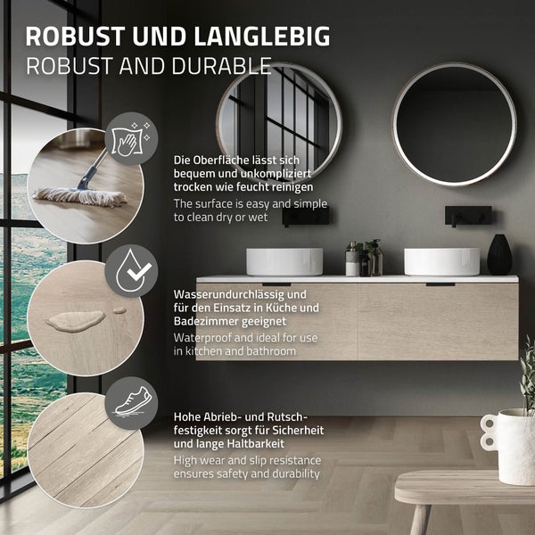 ML-Design Deluxe PVC Bodenbelag, Click Vinyl-Dielen Vinylboden, 61cmx12,8cmx4,2mm, Dicke 4,2mm, 3,12m²/40 Dielen, Fischgrät Eiche hell, Braun, Holzoptik, rutschfest, wasserfest, Belastungsklasse 34
