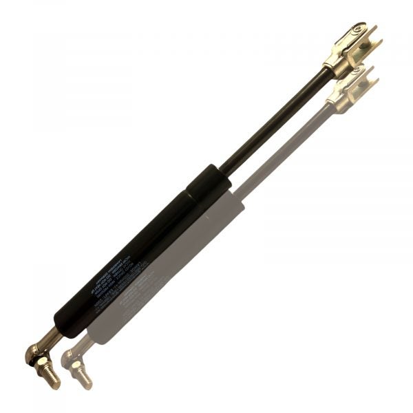 Schwarze Gasdruckfeder aus Metall mit Gabelkopf und Winkelgelenk.