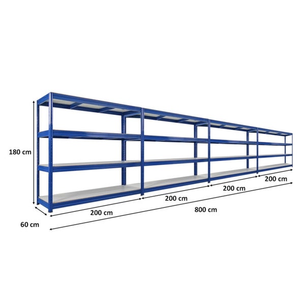 Langes, blaues Lagerregal mit den Maßen 180 cm Höhe, 60 cm Tiefe und 800 cm Länge