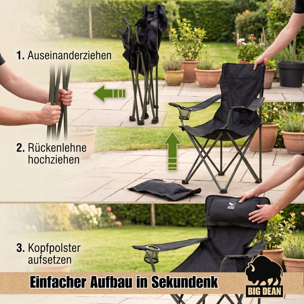 Anleitung zum Aufbau eines faltbaren Campingstuhls in drei Schritten auf einer Terrasse mit BIG DEAN Logo.